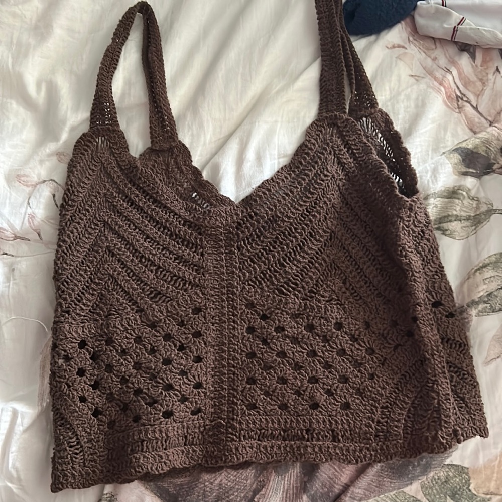 brown copped shirt, SEE THRU, size L but fits like a M, worn 2 times.